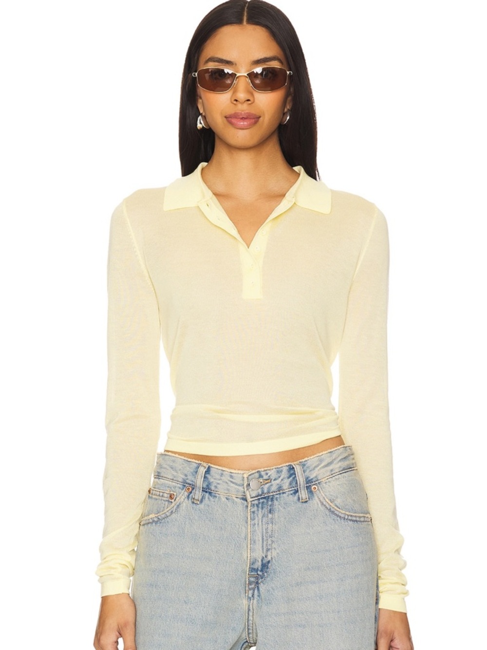 Long Sleeve Polo Top in Pale Yellow